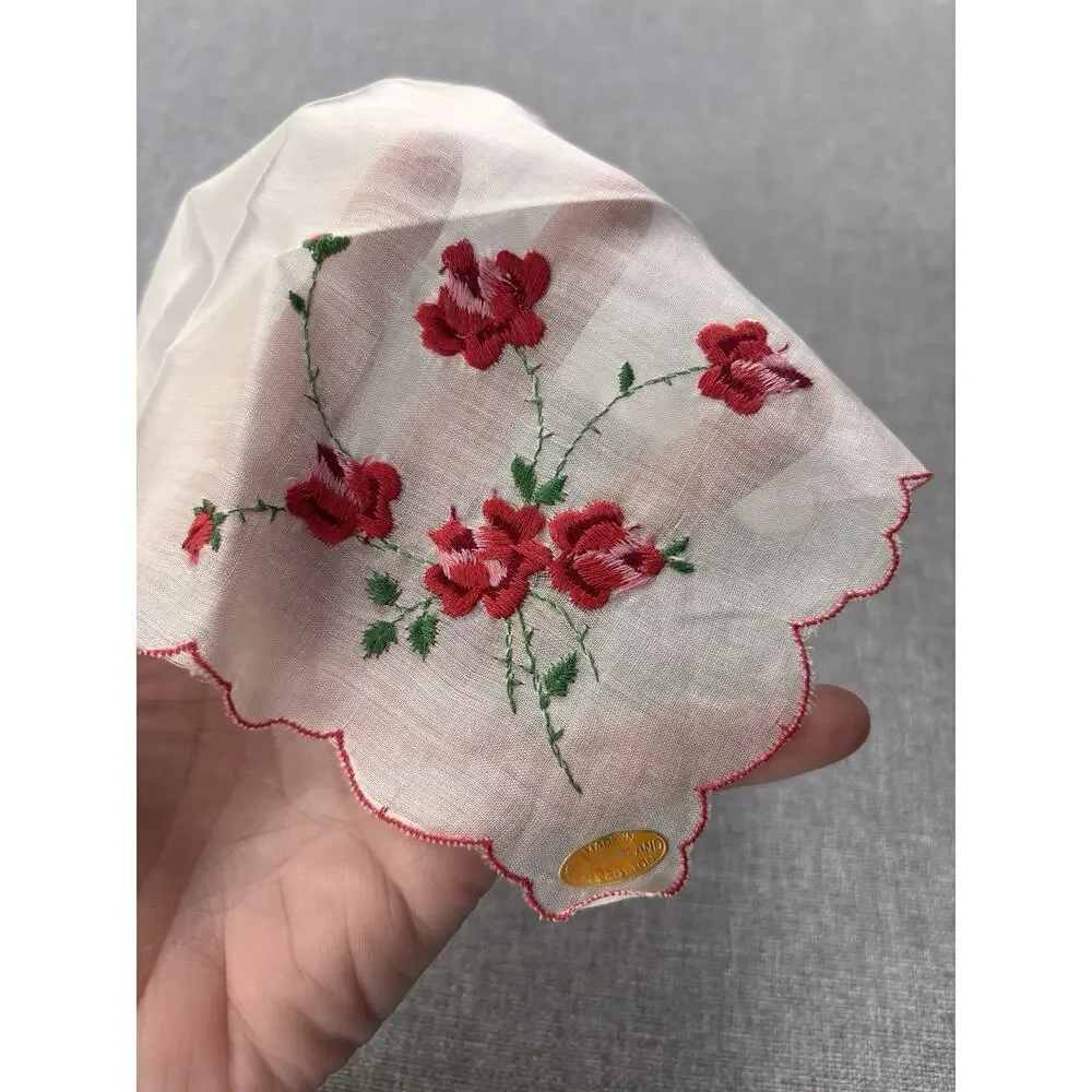 Vintage Embroidery All Cotton Hankie Handkerchief Red Floral & Sticker Scalloped
